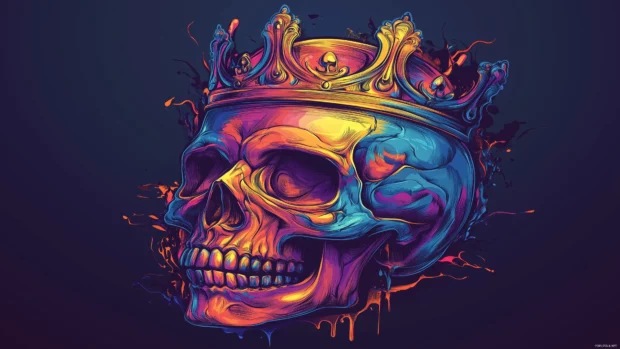Colorful skull with crown, 3D vector art, dark background, tattoo style, t shirt design.