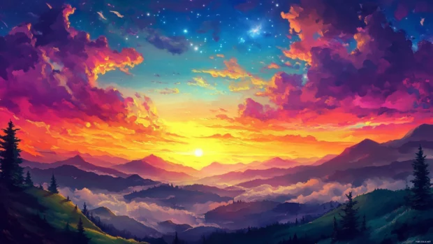 Colorful sky sunset wallpaper, Colorful Pretty Sunset over rolling hills.
