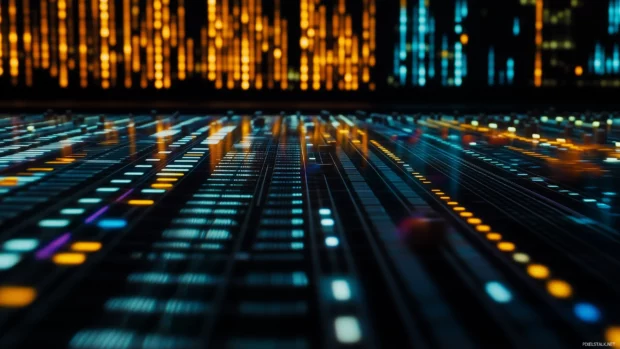 Colorful sound waves, equalizer bars, vibrant rhythm, against dark backdrop.