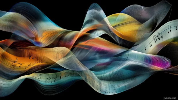 Colorful sound waves, musical notes, flow in patterns, dark backdrop, rhythmic vibe.