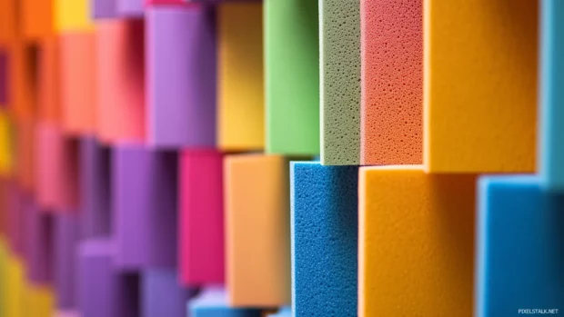 Colorful soundproofing foam close up with abstract studio wall design for music production.