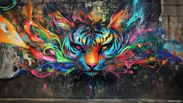 Colorful street art explosion forming a tiger face in vibrant graffiti desktop wallpapers HD.