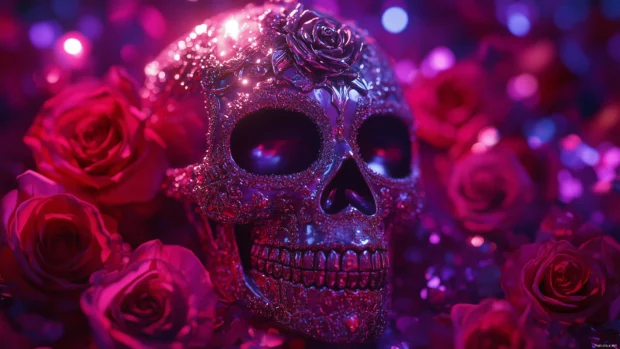 Colorful sugar skull with roses, glittering details, dark purple fantasy background.
