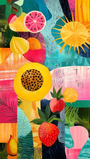 Colorful summer collage with fruit patterns, sun shapes, and abstract summer art.