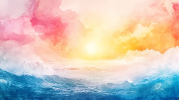Colorful sunrise casting soft light over watercolor ocean waves.
