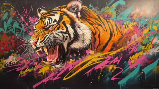 Colorful tiger bursting through neon tags in vivid graffiti 4K wallpapers.