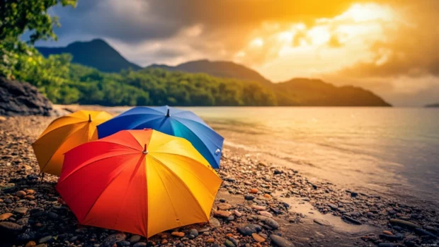 Colorful umbrellas scattered under Summer Vibes on a sunlit shore.
