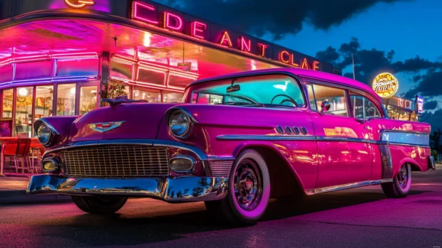 Colorful vintage car parked beside a neon lit diner.