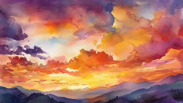 Colorful watercolor clouds wallpaper for desktop capturing a vibrant twilight sky.