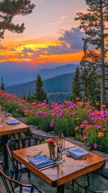 Colorful wildflowers under pretty golden sunrise, Pretty aesthetic phone wallpaper.