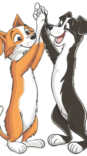 Comic cat and dog high fiving each other in cartoon style.