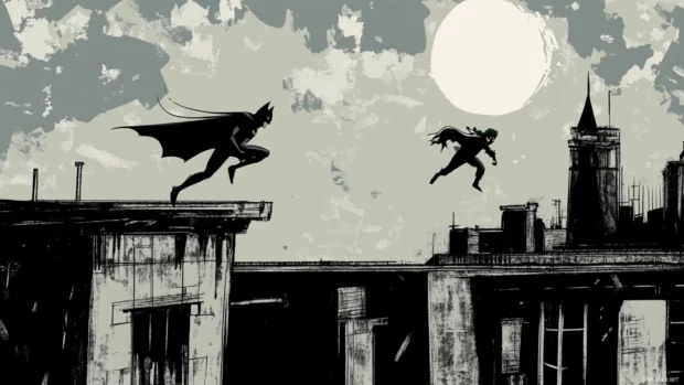 Comic panel layout of Batman chasing Joker on rooftops.