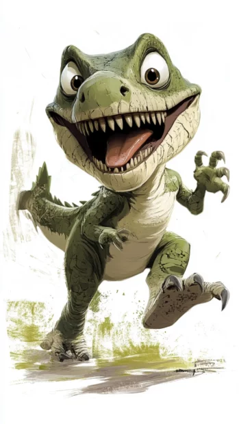 Comic style dinosaur tripping over its own feet with a goofy smile.