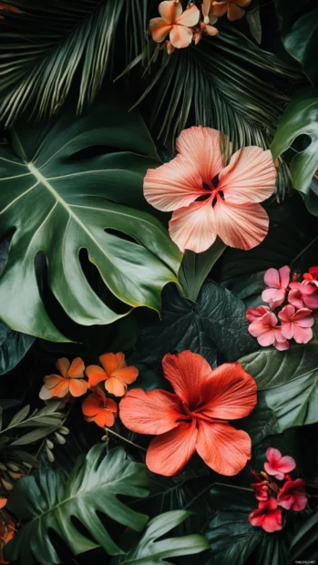 Composition of tropical flowers with lush green leaves.