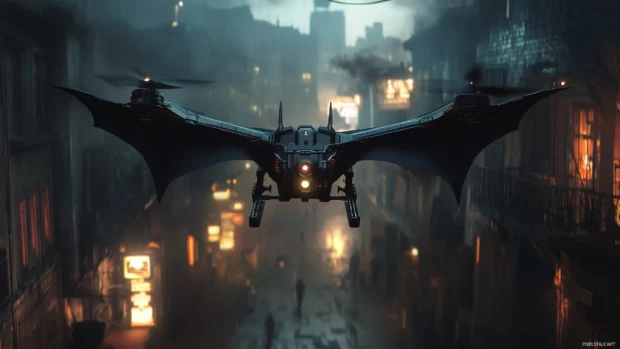 Concept art of Batman drone hovering above dark streets.