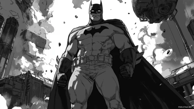 Confident Batman pose, cape in wind, iconic gadgets and vehicles, comic panel style.