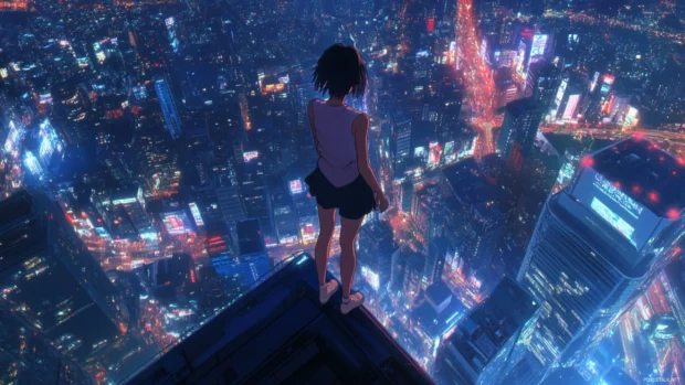 Confident anime girl standing atop a skyscraper at night.