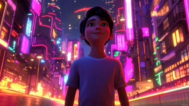 Confident boy stands under a neon lit skyline with glowing accents.