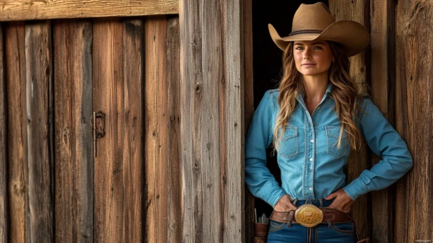 Confident cowgirl leaning against a wooden barn door.