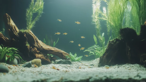 Containing small freshwater fish, driftwood, stones, and lush green vegetation arranged like a mini forest underwater is a fish tank with a natural theme.