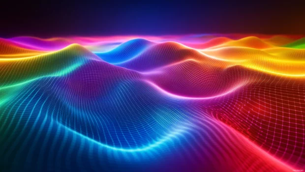 Continuous rainbow fog sliding over a shifting grid of neon curves in a trippy display.