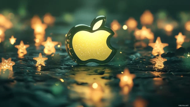 Cool Apple wallpaper with apple logo surrounded by glowing stars.