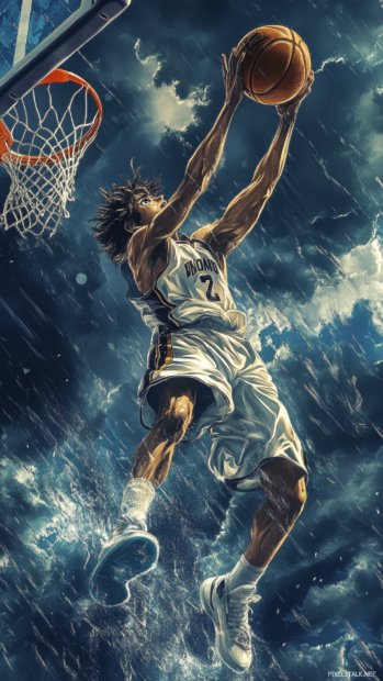Cool Basketball HD Wallpapers in anime style with character slam dunking in stylized motion.