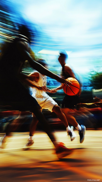 Cool Basketball iPhone Wallpapers capturing streetball match in slow shutter motion effect.