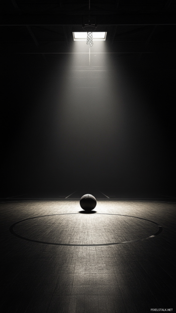 Cool Basketball iPhone Wallpapers featuring a minimalist court and lone ball in spotlight.