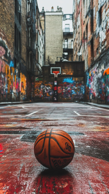 Cool Basketball iPhone wallpaper with urban street court and graffiti background.