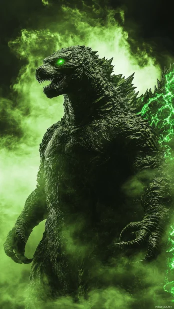 Cool Godzilla wallpaper HD vertical with frozen breath in electric mist.