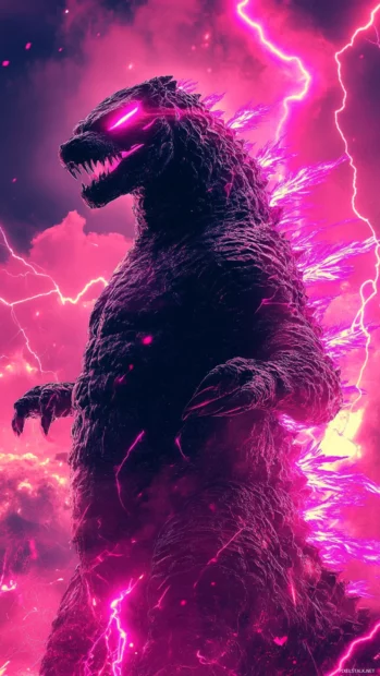 Cool Godzilla wallpaper in neon vaporwave style under pink lightning.