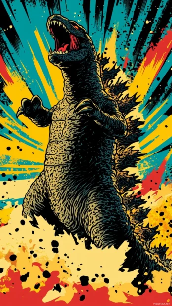 Cool Godzilla wallpaper in stylized comic book explosion pose.