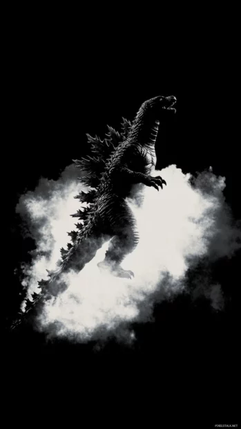 Cool Godzilla wallpaper mid leap with shockwave and smoke trails.
