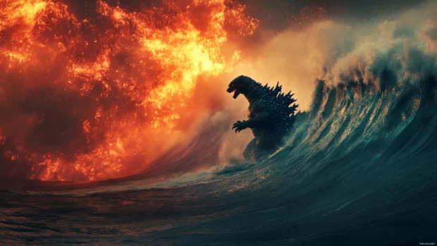 Cool Godzilla wallpaper showing the monster surfing tidal waves of fire.