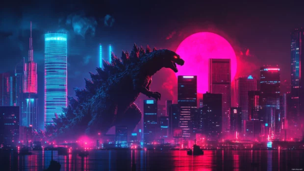 Cool Godzilla wallpaper with glowing urban skyline in cinematic style.