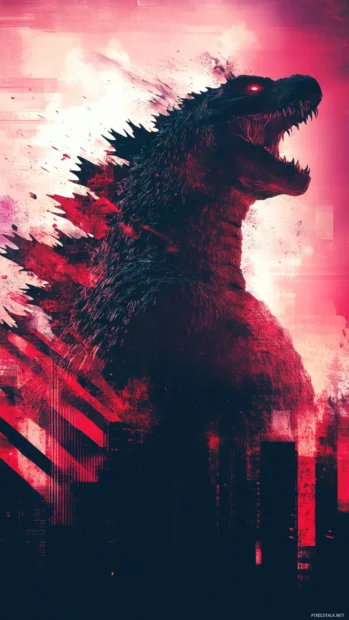 Cool Godzilla wallpaper with roaring silhouette and digital glitch art.