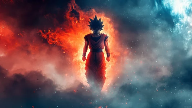Cool Goku wallpaper with Goku walking calmly through smoke with glowing aura surrounding his body.