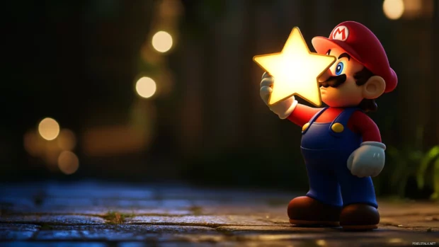 Cool Mario Wallpaper depicting Mario in a shadowy scene holding a glowing Super Star.