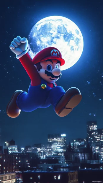 Cool Mario Wallpaper for phones with Mario posing like a superhero above a moonlit skyline.