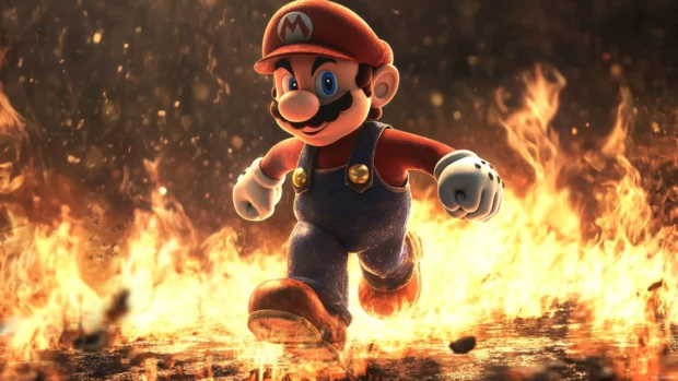 Cool Mario Wallpaper of Mario walking through flames with a confident smirk and glowing boots.