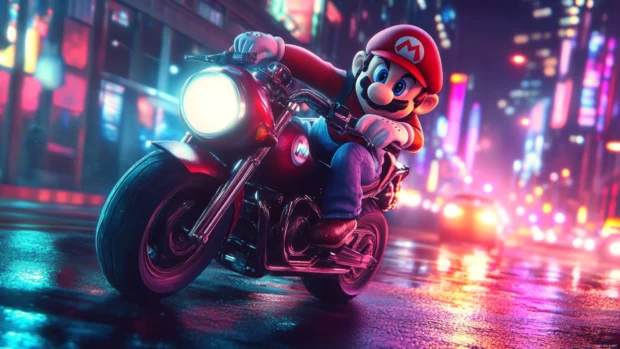 Cool Mario Wallpaper showing Mario in a leather jacket leaning on a motorbike under neon lights.