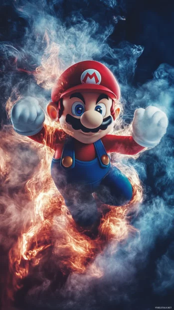 Cool Mario Wallpaper showing Mario in slow motion dodge with dramatic lighting and smoke.