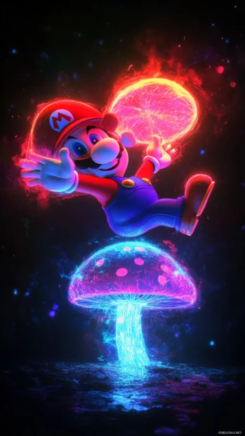 Cool Mario Wallpaper where Mario launches into the air from a neon mushroom with energy trails.