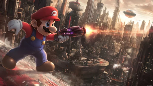 Cool Mario Wallpaper where Mario uses a plasma blaster in a sci.