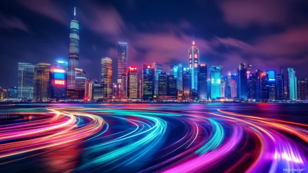 Cool Moving Wallpapers featuring neon lights swirling around sleek cityscapes.