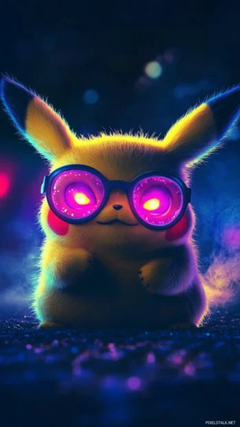 Cool Pikachu Wallpapers of Pikachu smirking under a pair of glowing party glasses on a navy blue background.