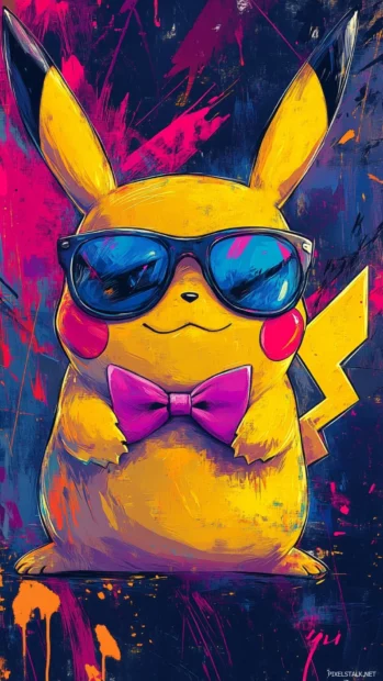 Cool Pikachu Wallpapers showing Pikachu grinning mischievously in sunglasses and a floating bowtie.