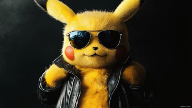Cool Pikachu Wallpapers with Pikachu wearing sunglasses and a leather jacket on a plain black background.