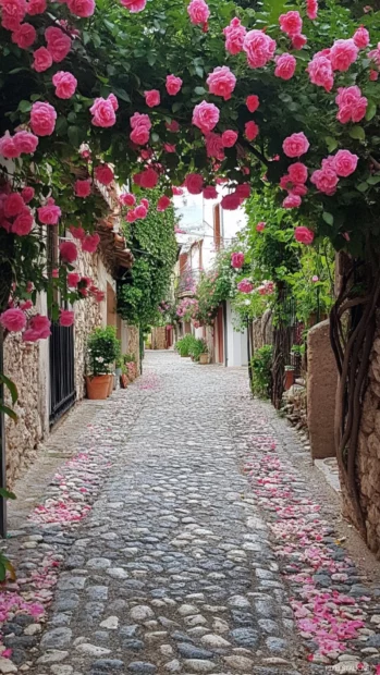Cool Roses arching over cobblestone street.